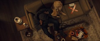Movie still from “Synchronic” (2019), directed by Justin Benson – A man sitting on a couch next to a dog; Wide shot, Overhead angle