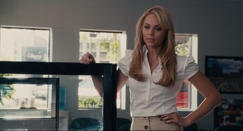Movie still from “Ted” (2012), directed by Seth MacFarlane – A beautiful blonde woman in a white shirt; Medium shot, Over the shoulder angle