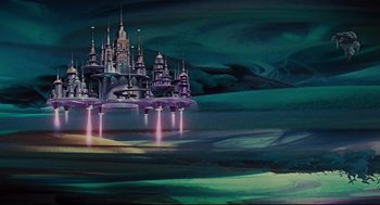 Movie still from “Ted” (2012), directed by Seth MacFarlane – A painting of a castle in the middle of the night; Extreme Wide shot, Low angle