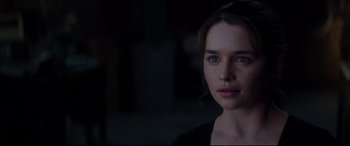 Movie still from “Terminator Genisys” (2015), directed by Alan Taylor – A person wearing a black shirt; Close Up shot, Over the shoulder angle