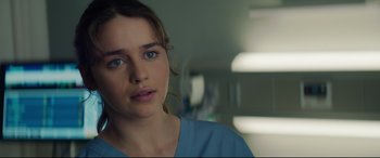 Movie still from “Terminator Genisys” (2015), directed by Alan Taylor – A person wearing a blue shirt; Close Up shot, Over the shoulder angle