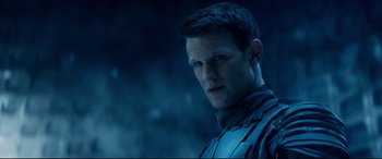 Movie still from “Terminator Genisys” (2015), directed by Alan Taylor – A person wearing a jacket; Close Up shot, Over the shoulder angle