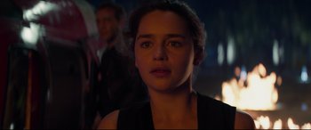 Movie still from “Terminator Genisys” (2015), directed by Alan Taylor – A person wearing a black shirt; Close Up shot, Over the shoulder angle