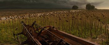 Movie still from “Texas Chainsaw Massacre” (2022), directed by David Blue Garcia – An old boat in the middle of a corn field; Extreme Wide shot, Low angle