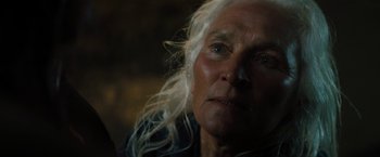 Movie still from “Texas Chainsaw Massacre” (2022), directed by David Blue Garcia – An older woman with white hair looking at the camera; Close Up shot, Low angle