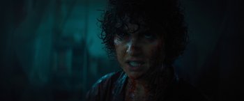 Movie still from “Texas Chainsaw Massacre” (2022), directed by David Blue Garcia – A man with blood all over his face and chest; Close Up shot, Low angle