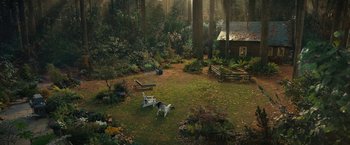 Movie still from “The Adam Project” (2022), directed by Shawn Levy – A dog sitting on a chair in the middle of a yard; Extreme Wide shot, High angle