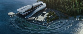 Movie still from “The Adam Project” (2022), directed by Shawn Levy – An aerial view of a building on the water; Extreme Wide shot, High angle