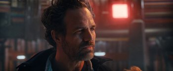 Movie still from “The Adam Project” (2022), directed by Shawn Levy – A person with a beard; Close Up shot, Low angle