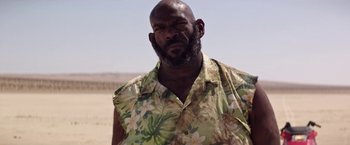 Movie still from “The Bad Batch” (2016), directed by Ana Lily Amirpour – A man in a hawaiian shirt standing in the middle of the desert; Close Up shot, Low angle