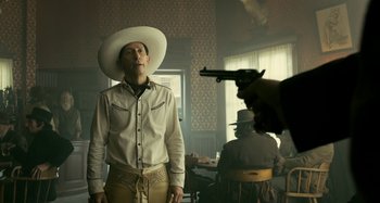 Movie still from “The Ballad of Buster Scruggs” (2018), directed by Joel Coen – Medium shot, Over the shoulder angle