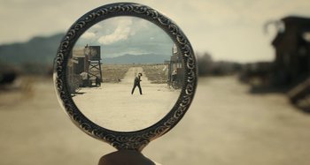 Movie still from “The Ballad of Buster Scruggs” (2018), directed by Joel Coen – Wide shot, Over the shoulder angle