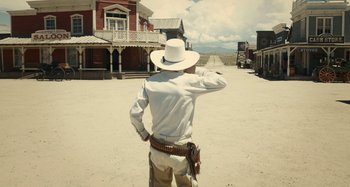Movie still from “The Ballad of Buster Scruggs” (2018), directed by Joel Coen – Wide shot, Low angle