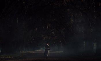 Movie still from “The Beguiled” (2017), directed by Sofia Coppola – A man and a woman walking in a dark forest; Extreme Wide shot, Over the shoulder angle
