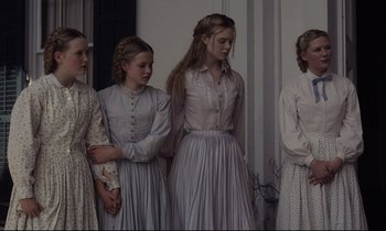 Movie still from “The Beguiled” (2017), directed by Sofia Coppola – A group of young women standing next to each other; Medium shot, Low angle