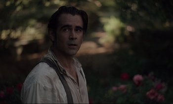 Movie still from “The Beguiled” (2017), directed by Sofia Coppola – A person wearing a shirt and tie; Close Up shot, Over the shoulder angle