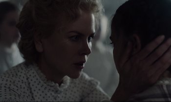 Movie still from “The Beguiled” (2017), directed by Sofia Coppola – A person talking to another person; Close Up shot, Over the shoulder angle