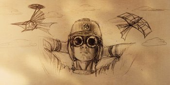 Movie still from “The Book of Henry” (2017), directed by Colin Trevorrow – A drawing of a person wearing goggles and a hat; Close Up shot, Low angle