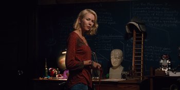 Movie still from “The Book of Henry” (2017), directed by Colin Trevorrow – A woman standing in front of a chalkboard; Medium shot, Over the shoulder angle
