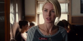Movie still from “The Book of Henry” (2017), directed by Colin Trevorrow – A woman with a name plate on her neck; Close Up shot, Over the shoulder angle