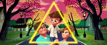 Movie still from “The Boss Baby” (2017), directed by Tom McGrath – A cartoon picture of a boy and a girl holding a boy; Wide shot, High angle