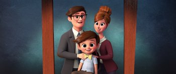 Movie still from “The Boss Baby” (2017), directed by Tom McGrath – A cartoon of a man , woman , and a child; Medium shot, High angle