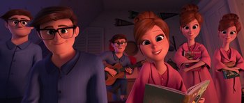 Movie still from “The Boss Baby” (2017), directed by Tom McGrath – A group of people that are sitting in a room together; Medium shot, Over the shoulder angle