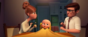 Movie still from “The Boss Baby” (2017), directed by Tom McGrath – A woman and a baby in a high chair; Medium shot, Over the shoulder angle