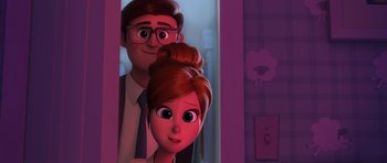 Movie still from “The Boss Baby” (2017), directed by Tom McGrath – A man and a woman standing next to each other in front of a door; Close Up shot, Over the shoulder angle