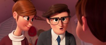 Movie still from “The Boss Baby” (2017), directed by Tom McGrath – An animated man wearing a suit and glasses; Close Up shot, Over the shoulder angle