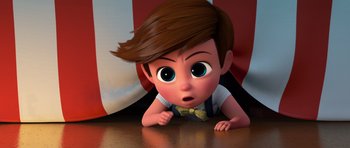 Movie still from “The Boss Baby” (2017), directed by Tom McGrath – A cartoon boy with a surprised look on his face; Medium shot, High angle