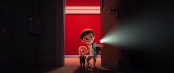 Movie still from “The Boss Baby” (2017), directed by Tom McGrath – A boy and a girl are standing in front of a door; Medium shot, Over the shoulder angle