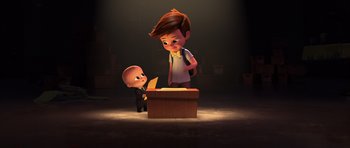 Movie still from “The Boss Baby” (2017), directed by Tom McGrath – A cartoon of a boy and an animated character; Wide shot, Over the shoulder angle