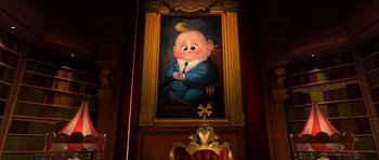 Movie still from “The Boss Baby” (2017), directed by Tom McGrath – A painting of a bald man in a suit hanging on a wall; Medium shot, High angle