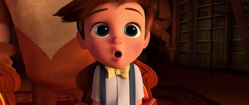 Movie still from “The Boss Baby” (2017), directed by Tom McGrath – A cartoon of a little boy with a surprised look on his face; Close Up shot, High angle