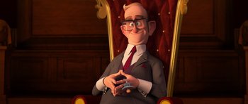 Movie still from “The Boss Baby” (2017), directed by Tom McGrath – An animated man sitting in a chair wearing a suit; Medium shot, Over the shoulder angle