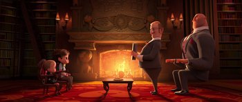 Movie still from “The Boss Baby” (2017), directed by Tom McGrath – An animated man standing in front of a fireplace; Wide shot, Over the shoulder angle