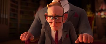 Movie still from “The Boss Baby” (2017), directed by Tom McGrath – An animated man wearing glasses and a suit; Close Up shot, Over the shoulder angle