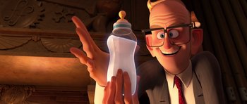 Movie still from “The Boss Baby” (2017), directed by Tom McGrath – An old man holding a baby bottle in his hands; Close Up shot, Over the shoulder angle