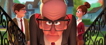 Movie still from “The Boss Baby” (2017), directed by Tom McGrath – An animated bald man wearing glasses and a red tie; Close Up shot, Low angle