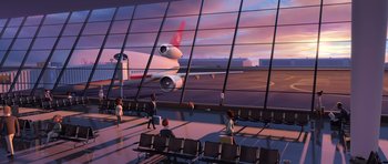 Movie still from “The Boss Baby” (2017), directed by Tom McGrath – People are waiting for their flight at an airport terminal; Extreme Wide shot, High angle