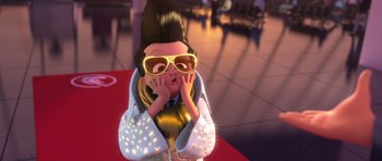 Movie still from “The Boss Baby” (2017), directed by Tom McGrath – A cartoon character with sunglasses and a white jacket; Close Up shot, High angle