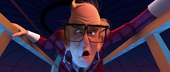Movie still from “The Boss Baby” (2017), directed by Tom McGrath – An old man wearing glasses and a red jacket; Close Up shot, Low angle