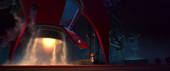 Movie still from “The Boss Baby” (2017), directed by Tom McGrath – An animated scene of a car being driven by a person; Extreme Wide shot, Low angle