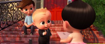 Movie still from “The Boss Baby” (2017), directed by Tom McGrath – A scene from the movie the boss baby; Medium shot, Over the shoulder angle