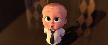 Movie still from “The Boss Baby” (2017), directed by Tom McGrath – A cartoon baby wearing a black tie and a white shirt; Medium shot, High angle