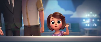 Movie still from “The Boss Baby” (2017), directed by Tom McGrath – An animated girl with her hand up to her ear; Medium shot, Over the shoulder angle