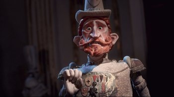 Movie still from “The Boxtrolls” (2014), directed by Anthony Stacchi – The face of a statue of a man with a beard; Close Up shot, Low angle