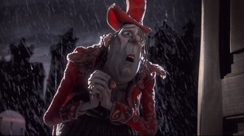 Movie still from “The Boxtrolls” (2014), directed by Anthony Stacchi – A woman in a red top and a red and white hat; Close Up shot, Low angle
