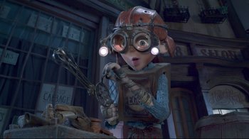 Movie still from “The Boxtrolls” (2014), directed by Anthony Stacchi – A woman with a pair of goggles on her head; Medium shot, Low angle